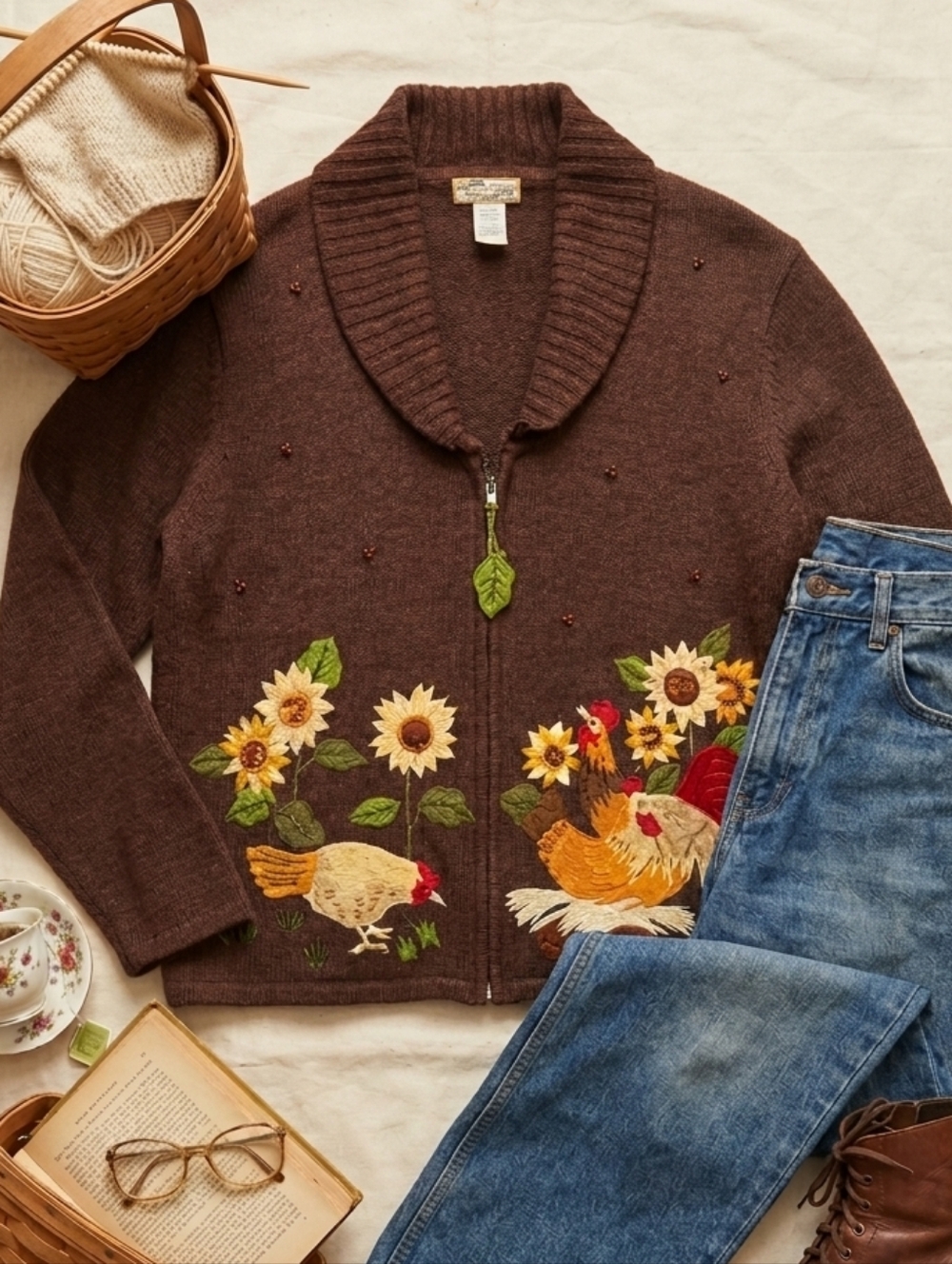 Embroidered Brown Zip-Front Cardigan with Sunflower & Chicken Motif